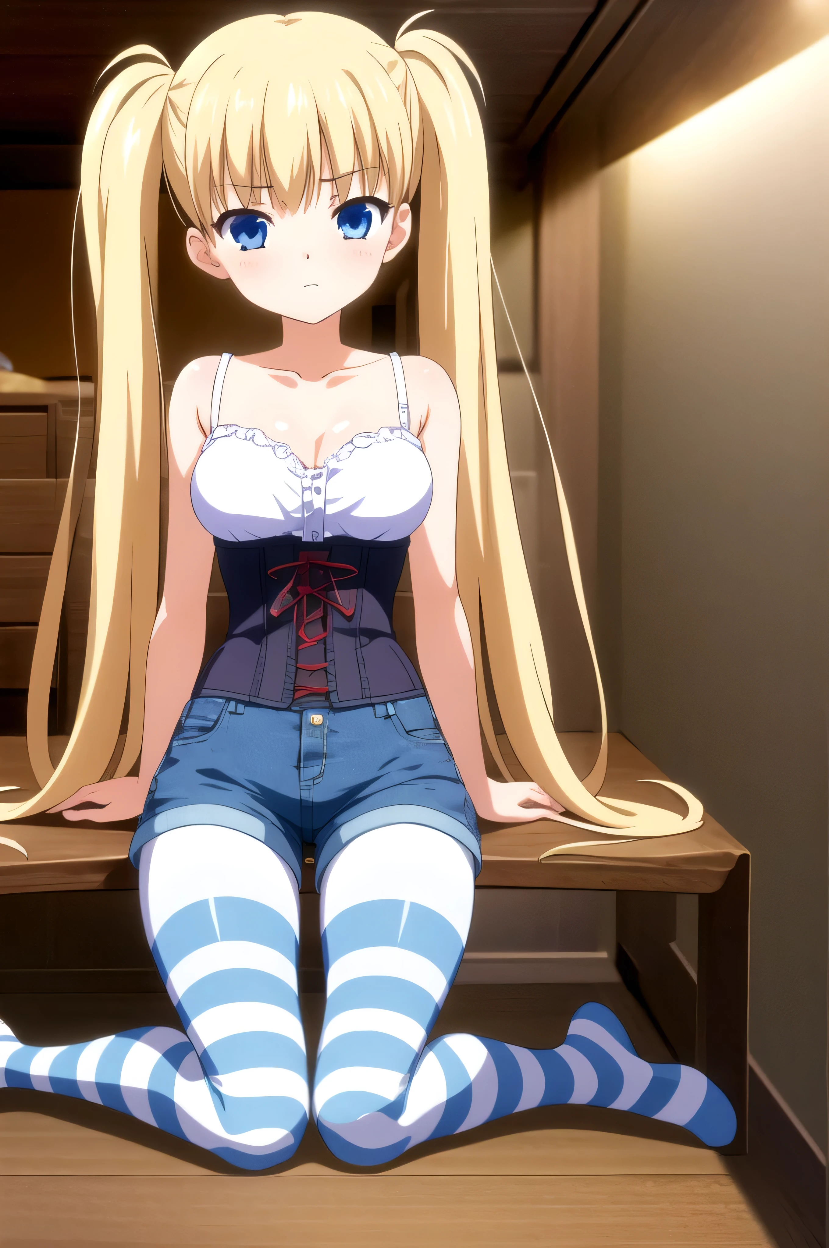 (masterpiece, Best Quality:1.2), absurdities, perfect anatomy, solo 1 girl, full body, looking at the viewer, blunt bangs, ( Denim shorts:1.1), Focus only, Soft lighting, (blue eyes), blonde hair, very long hair, twintails, Airi Akizuki, medium breast, striped tights, corset