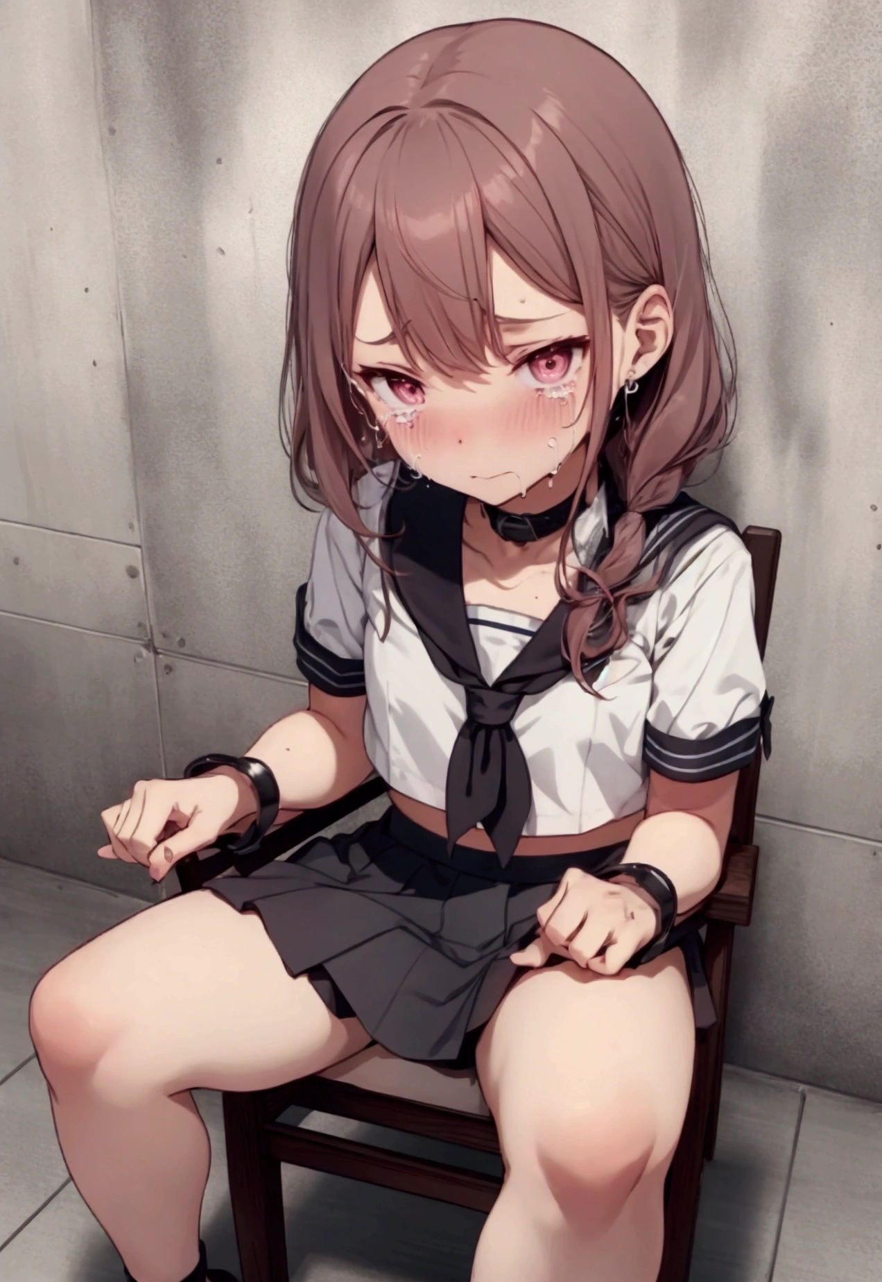 1 person, (blush, fear, Are crying), Tied to a chair, Tied to a chair, (Tight clothing, Short sleeve, mini skirt, Sailor suit), (underground室内, underground), (Wrist cuff, Ankle cuffs, Wrists tied, Ankle tied), Perfect body, Detailed face, Detailed eyes, whole body, Images taken from a distance