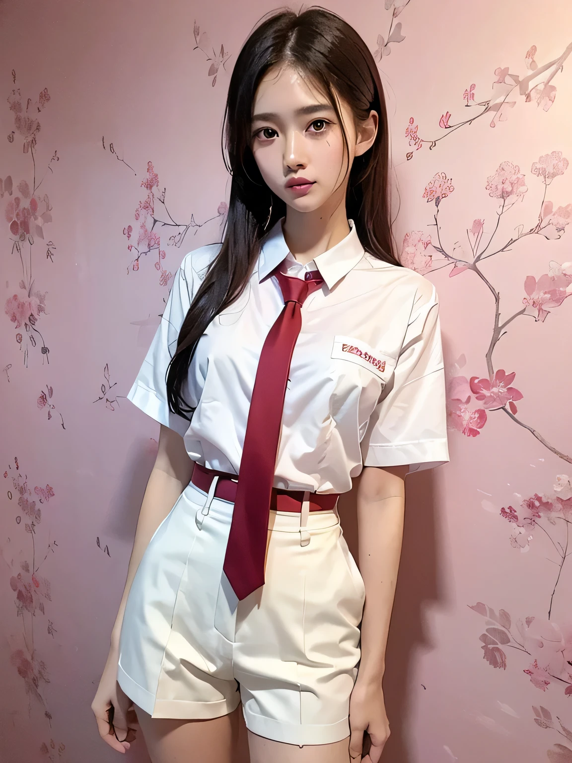 (Highest quality、8k、32K、masterpiece、Hmph:1.2)、(masterpiece, Highest quality), Realistic photos, high school girl、、Short Twin Tails、Instagram, Bright colors, High Dynamic Contrast, Slender figure、thin、Small, shapely breasts、One person, Purple eyes, Lips parted, blush, compensate, A light smile, Red tie、White short-sleeved shirt、sexy、((exy、Sweat, Wet, light, Shine, Tight waist, (masterpiece), Pink Wallpaper,