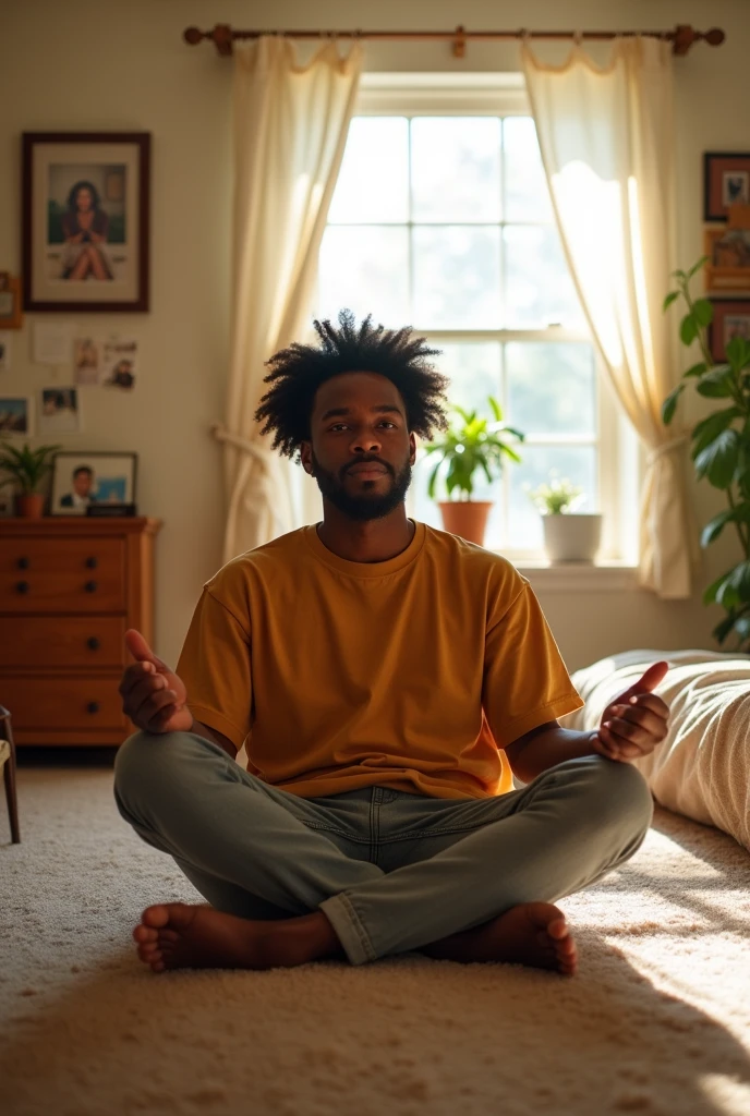 Wendell showing his feet, sitting on the ground, with a bedroom as his background