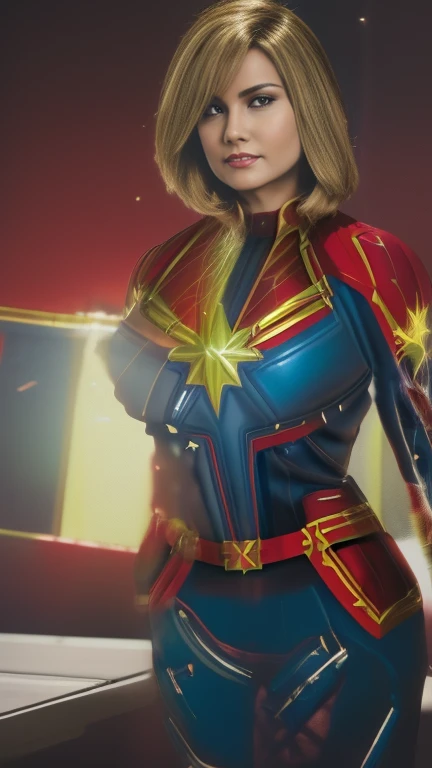 (Captain Marvel:1.5) flying in space(1girl), ((Best Quality, 8K, Masterpiece: 1.3)), (Hairstyle Casual, Big Breasts: 1.2) showcasing her full body pose, with astonishing photo-realistic details.