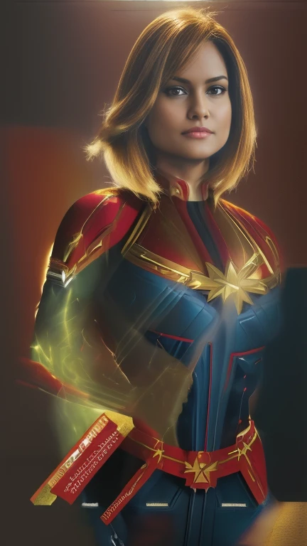 (Captain Marvel:1.5) flying in space(1girl), ((Best Quality, 8K, Masterpiece: 1.3)), (Hairstyle Casual, Big Breasts: 1.2) showcasing her full body pose, with astonishing photo-realistic details.