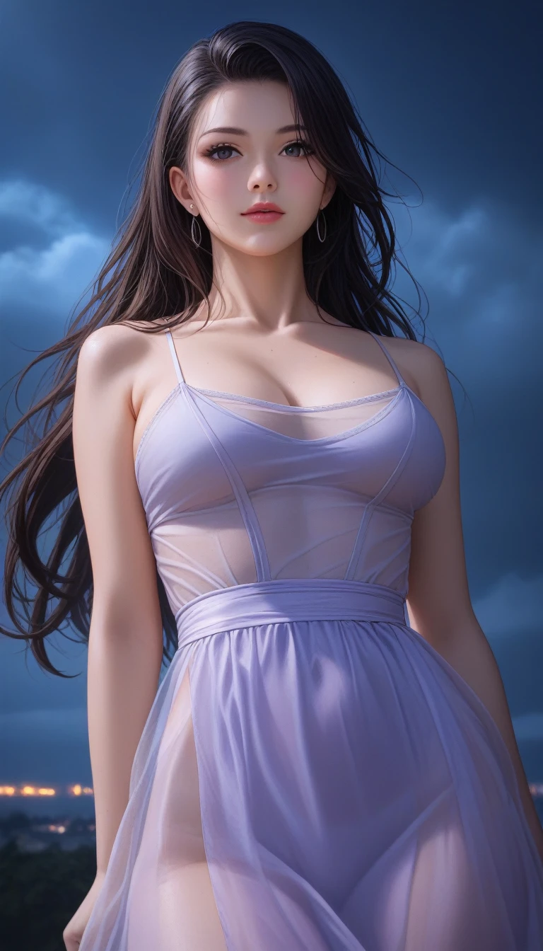 score_9, score_8_superior, score_7_superior, High-resolution CG illustration,A masterpiece in 32K resolution,Highest quality,it is really amazing,Very detailed,Ultra-high resolution,Ultra-realistic,Realistic,Increased depth of field,Cinematic lighting,
Sexy mature Japan woman,
Glossy black hair,Straight Long Hair,Showing his forehead,god々Beautiful,Ultra-detailed and beautiful face,Sensual look,Beautiful dark brown, moist eyes,Pitch black eyes,Glowing, moisturized skin,Translucent white skin,born々New skin texture,Great proportions,
Sexy summer resort slit dress,
Bold design,Detailed race decorations,A chic color scheme with a soft purple base,詳細なborn地の質感,
A dark and blurry night background,Dark overcast sky on a dull night,Dark clouds filling the sky,Thundercloud,Coastline at night,Stormy seas,delay々A desolate sandy beach that continues,
Cinematic,Low - Angle,