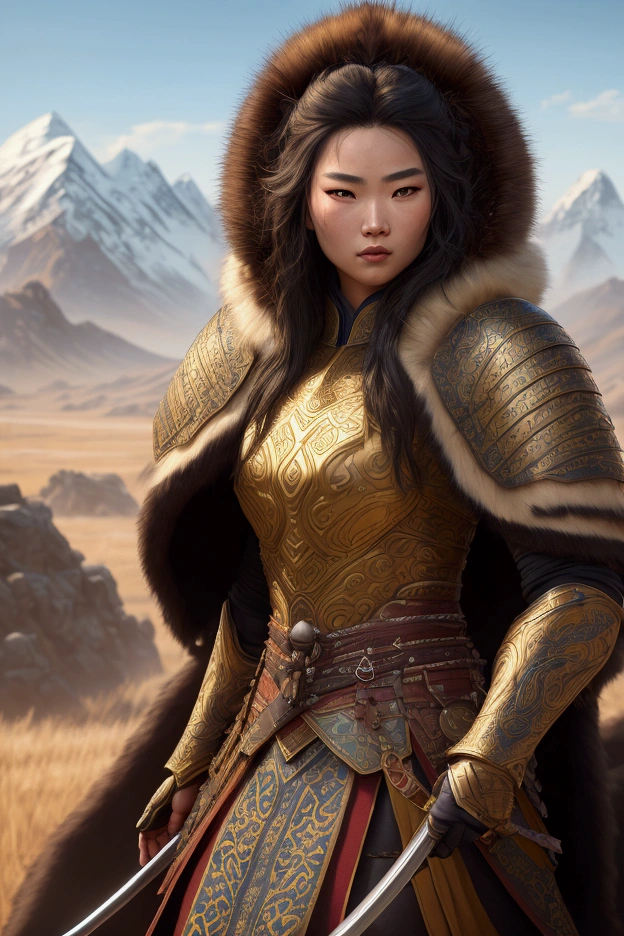 A sexy ((Mongolian)) steppe warrior girl, intricate detailed armor, ((fur cloak)), beautiful detailed asian eyes, beautiful detailed lips, extremely detailed face and skin, flowing wavy hair, strong powerful posture, holding a traditional Mongolian recurve bow, vast grassy steppe landscape background, golden hour lighting, dramatic lighting, vibrant colors, cinematic composition, photorealistic, (best quality,8k,highres,masterpiece:1.2),ultra-detailed,(realistic,photorealistic,photo-realistic:1.37),cinematic,dramatic,concept art style