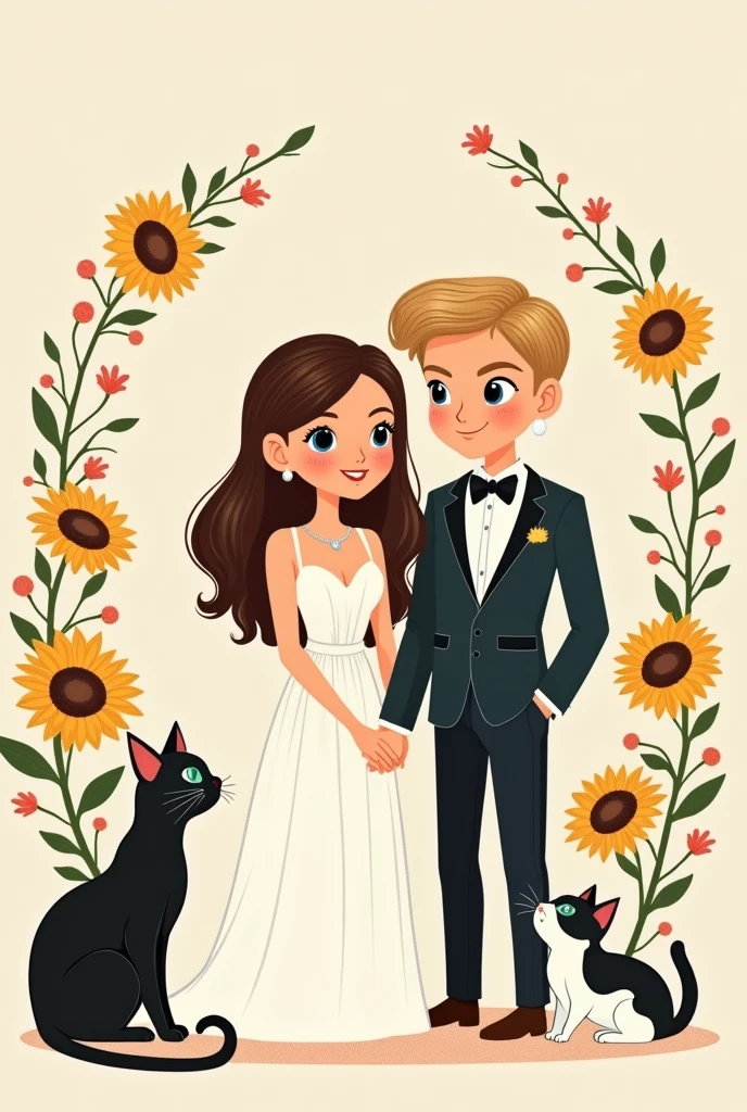 A simple and creative illustration of a chic and minimalist wedding invitation with sunflower in it. The design showcases a radiant bride with sleek, wavy brown hair and captivating dark-brown eyes, and a dashing groom with voluminous, wavy blonde hair and mesmerizing blue eyes. Their elegance is further accentuated by their refined attire. The couple's two cherished cats at the corner, Ponyo, a noble, short and black haired female with green eyes, and Roku, a charming black and white male with a curious amber eyes, grace the corner of the invitation, adding an enchanting touch of whimsy and endearing charm.
