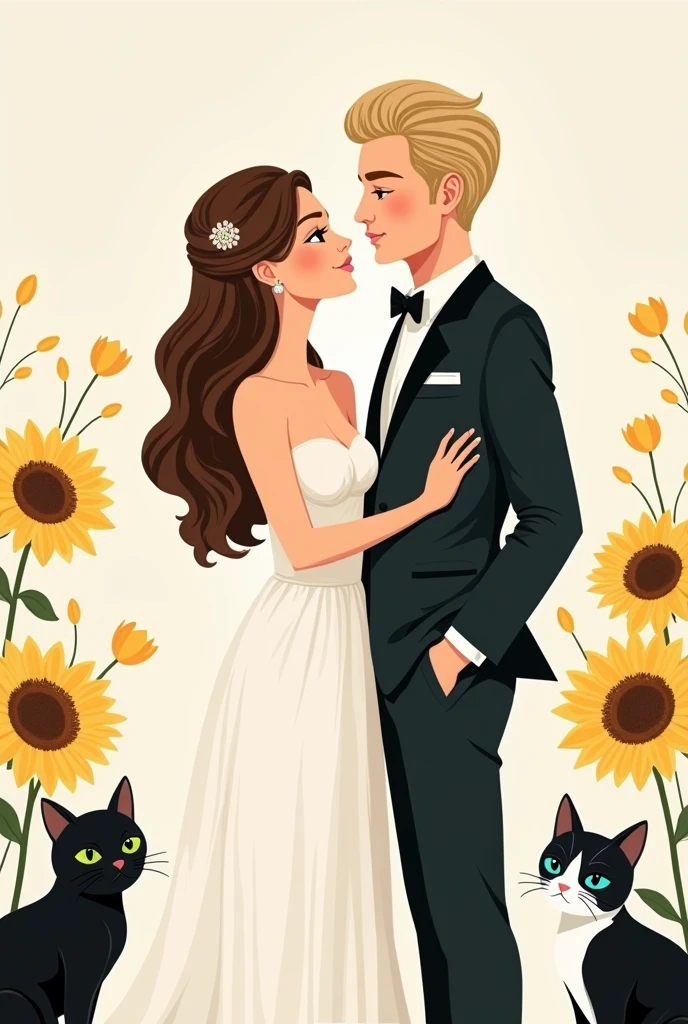 A simple and creative illustration of a chic and minimalist wedding invitation with sunflower in it. The design showcases a radiant bride with sleek, wavy brown hair and captivating dark-brown eyes, and a dashing groom with voluminous, wavy blonde hair and mesmerizing blue eyes. Their elegance is further accentuated by their refined attire. The couple's two cherished cats at the corner, Ponyo, a noble, short and black haired female with green eyes, and Roku, a charming black and white male with a curious amber eyes, grace the corner of the invitation, adding an enchanting touch of whimsy and endearing charm.