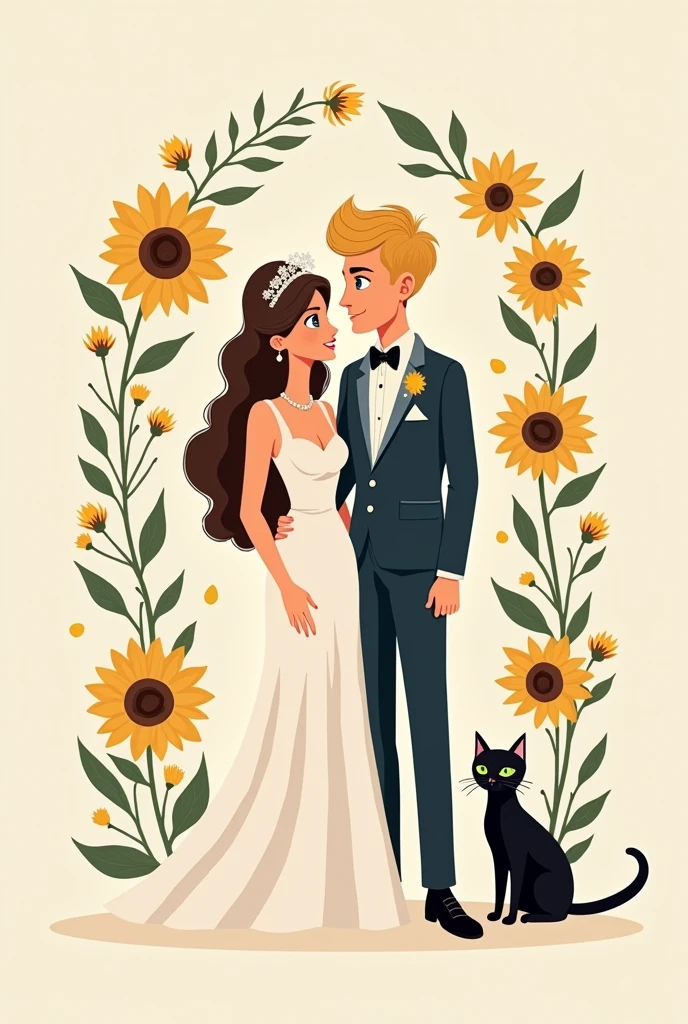 A simple and creative illustration of a chic and minimalist wedding invitation with sunflower in it. The design showcases a radiant bride with sleek, wavy brown hair and captivating dark-brown eyes, and a dashing groom with voluminous, wavy blonde hair and mesmerizing blue eyes. Their elegance is further accentuated by their refined attire. The couple's two cherished cats at the corner, Ponyo, a noble, short and black haired female with green eyes, and Roku, a charming black and white male with a curious amber eyes, grace the corner of the invitation, adding an enchanting touch of whimsy and endearing charm.