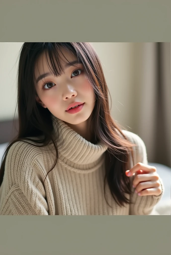 Wearing a knitted sweater & mini skirt, (Lift up your skirt to show your underwear:1.3), Realistic photo, of Japanese, nude, Lie on the bed with your legs spread, The lower body is a futuristic machine, Detailed face and body, Natural light, High resolution, photoRealistic, (Highest quality,8k,High resolution,masterpiece:1.2),Very detailed,(Realistic,photoRealistic,photo-Realistic:1.37),Realistic skin texture,Beautiful long eyes and lips,Beautifully detailed face,Long eyelashes,Smooth Skin,Natural body shape,((Medium Hair,Straight Hair,Keep your bangs straight down)),Thin face,Small jaw,Wide forehead