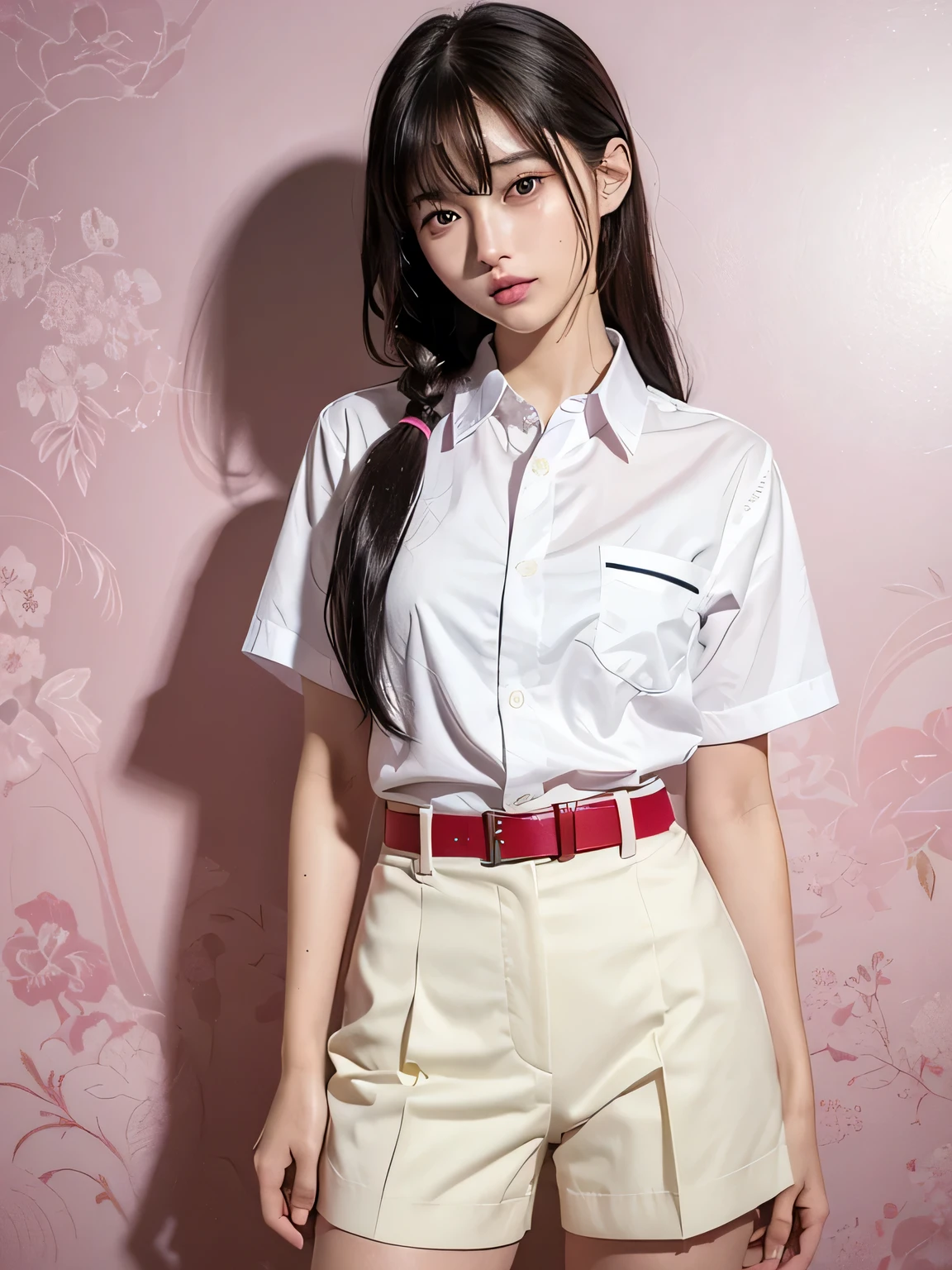 　(Highest quality、8k、32K、masterpiece、Hmph:1.2)、(masterpiece, Highest quality), Realistic photos, high school girl、15 years old、Short Twin Tails、Instagram, Bright colors, High Dynamic Contrast, Slender figure、thin、Small, shapely breasts、One person,  Purple eyes, Lips parted, blush, compensate, A light smile, Red tie、White short-sleeved shirt、sexy、((exy、Sweat, Wet, light, Shine,  Tight waist, (masterpiece), Pink Wallpaper,