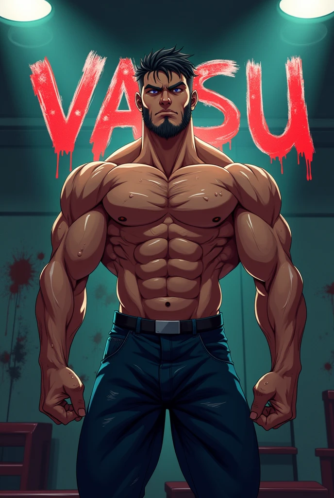 An anime bodybuilder posing in gym and at his back there is a text 'vasu ' written with blood with dark cc realistic 