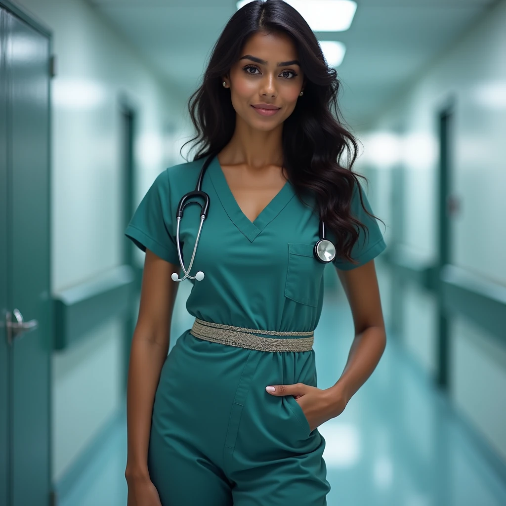 A beautiful Indian Hindu doctor with large breasts, wearing a tight formal hospital dress, a waist chain around her navel, detailed navel visible, photorealistic, high quality, 8k, extremely detailed, realistic, vivid colors, cinematic lighting, female doctor, indian doctor, busty, big boobs, navel, waist chain, hospital dress, formal attire, photorealistic, masterpiece