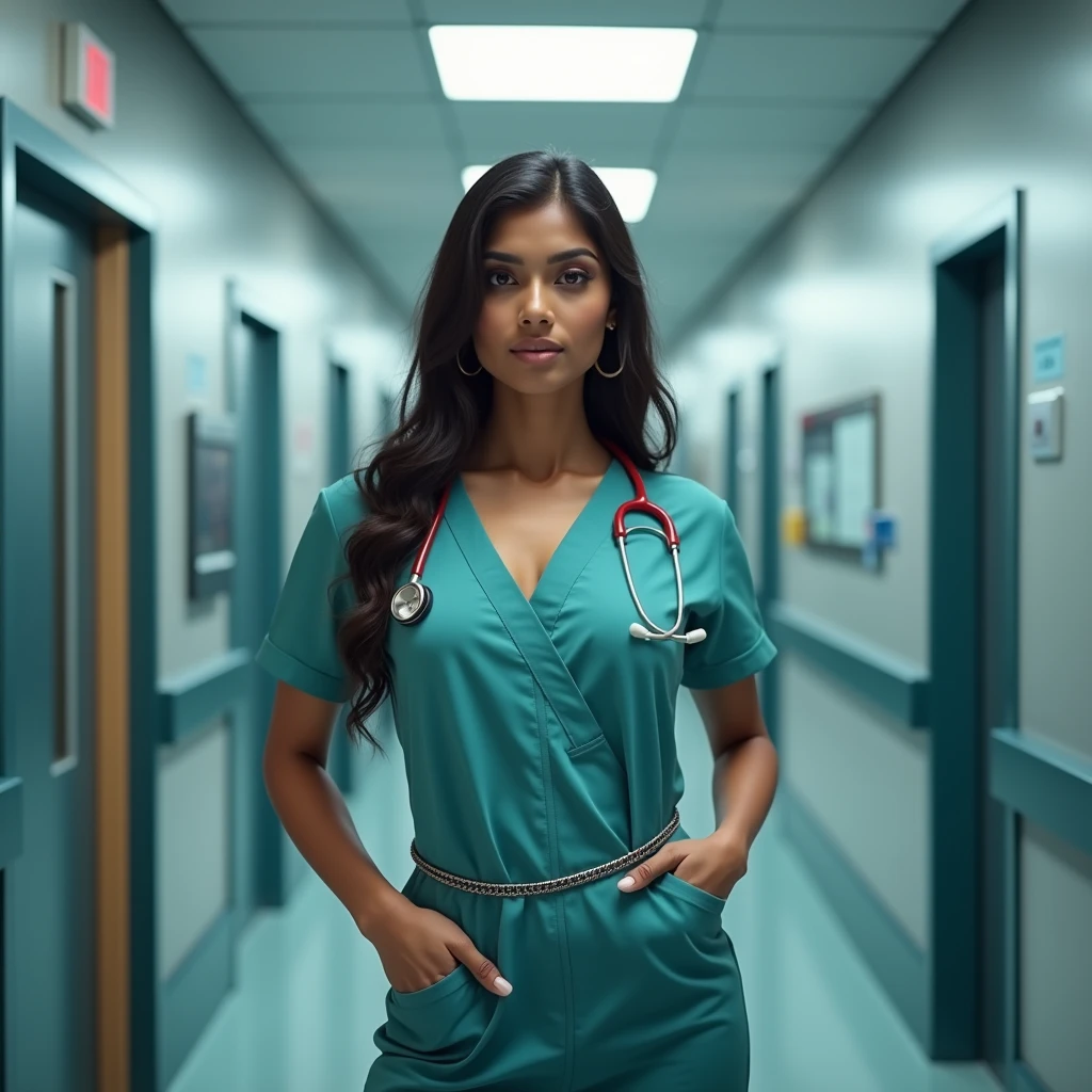 A beautiful Indian Hindu doctor with large breasts, wearing a tight formal hospital dress, a waist chain around her navel, detailed navel visible, photorealistic, high quality, 8k, extremely detailed, realistic, vivid colors, cinematic lighting, female doctor, indian doctor, busty, big boobs, navel, waist chain, hospital dress, formal attire, photorealistic, masterpiece
