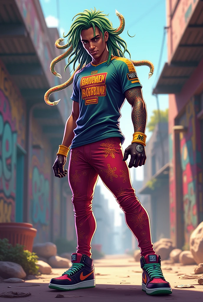 Free Fire character with the Cr7 team shirt chest skin, red angelic pants, snake hair and dunk master shoes