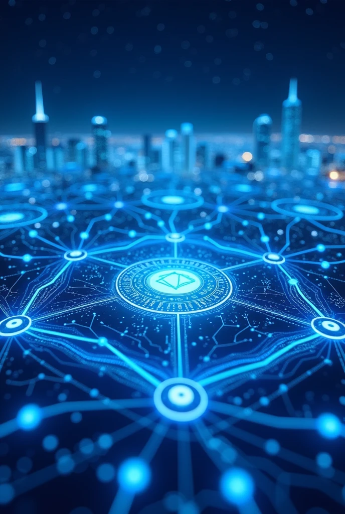 "Por favor, crie uma imagem que represente o mundo das criptomoedas. Predominantly use the colors blue and white in the composition. A imagem deve incorporar elementos que simbolizem a tecnologia blockchain, Decentralization, The security and innovation associated with cryptocurrencies. Make sure the image conveys a sense of confidence and modernity, while highlighting the importance of blue and white in the context of cryptocurrencies