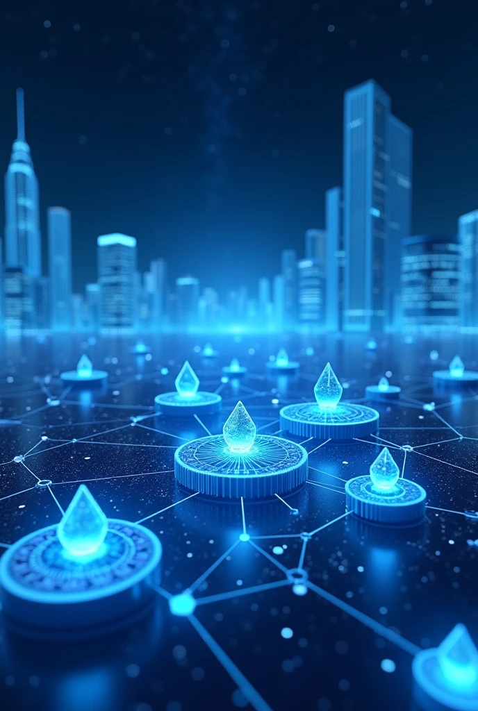 "Por favor, crie uma imagem que represente o mundo das criptomoedas. Predominantly use the colors blue and white in the composition. A imagem deve incorporar elementos que simbolizem a tecnologia blockchain, Decentralization, The security and innovation associated with cryptocurrencies. Make sure the image conveys a sense of confidence and modernity, while highlighting the importance of blue and white in the context of cryptocurrencies