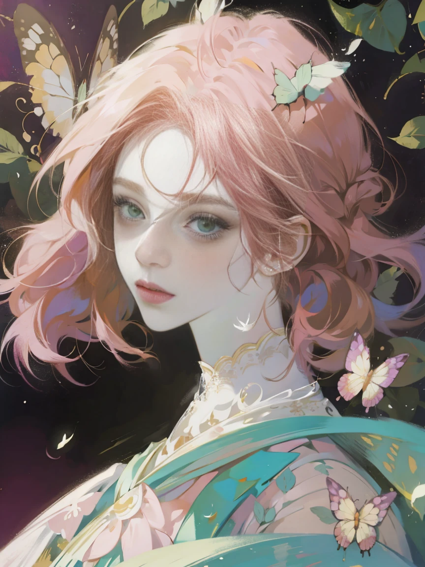 Anime Face, Pink Hair,Green eyes, Fluttering hair,Half of my face is covered in butterflies.,Flappy feathers,weird,Pale complexion,