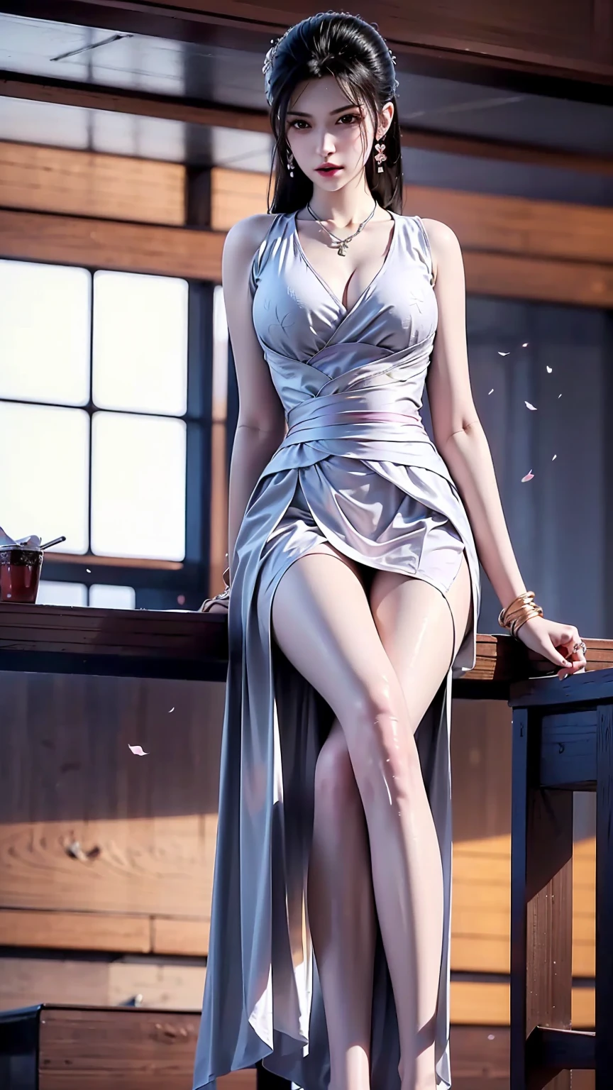 
((Shot in the knee)), ((From below)),A young girl, Wearing a skirt，At the bar, sit on the chair, Cross your legs, Posing elegantly, Detailed scenario, Messy long hair, Blush Blush, Beautiful slender legs, (Very high color saturation), details, Ultra Detailed, (masterpiece, Best quality), (Extremely exquisite and beautiful work), Delicate earrings, Exquisite necklace, Simple blur background, Extremely detailed description, Super Fine, Delicate face, slim body, Thin waist， (Anatomically correct)，whole body，barefoot