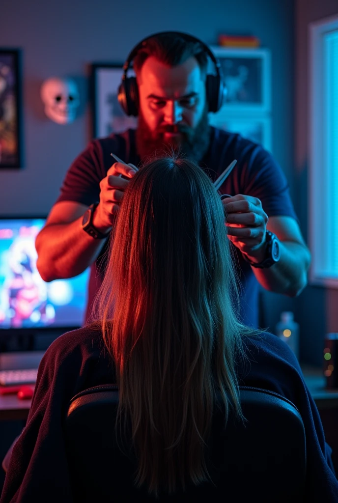Bearded man, cut the hair of a man playing videogame