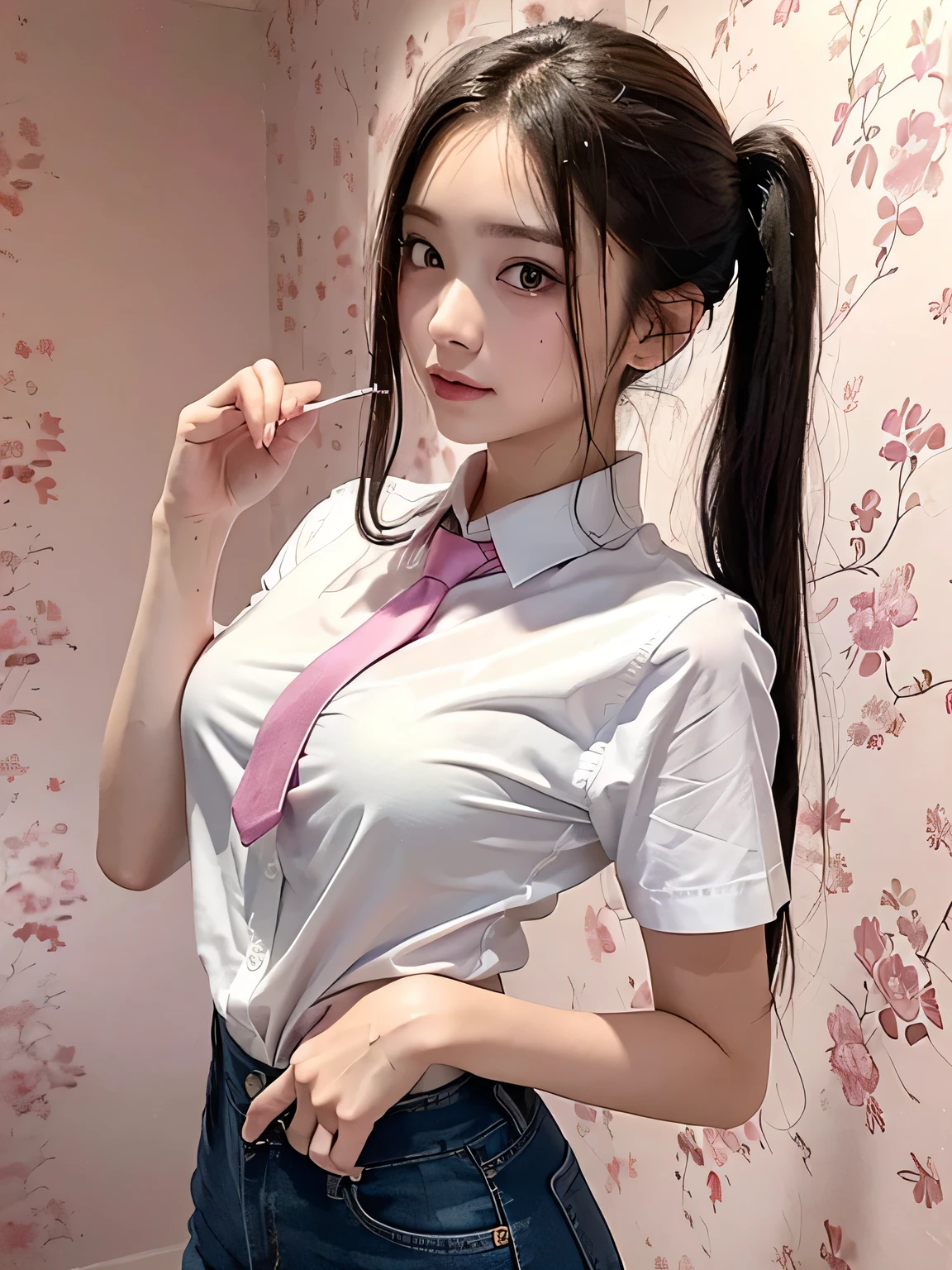 (Highest quality、8k、32K、masterpiece、Hmph:1.2)、(masterpiece, Highest quality), Realistic photos, high school girl、15 years old、Short Twin Tails、Instagram, Bright colors, High Dynamic Contrast, Slender figure、thin、Small, shapely breasts、One person, Purple eyes, Lips parted, blush, compensate, A light smile, Red tie、White short-sleeved shirt、sexy、((exy、Sweat, Wet, light, Shine, Tight waist, (masterpiece), Pink Wallpaper,
