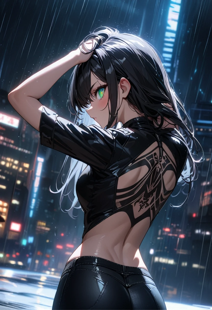 1girl,solo,back profile,detailed close up on low rise black skinny jeans,detailed close up on bedazzling emerald eye looking at you,serious eye,intense gaze,magnificent long black hair covering one eye,black jacket,black neon city,sexy pose,hands overhead,sexy stretch,erotic pose,adjusting hair,dramatic rainstorm,short black form-fitting shirt,detailed close up on black skinny jeans,goth tattoo on backside,cinematic glitter,nighttime,extremely detailed,masterpiece,HDR,4K,best quality,trending on danbooru