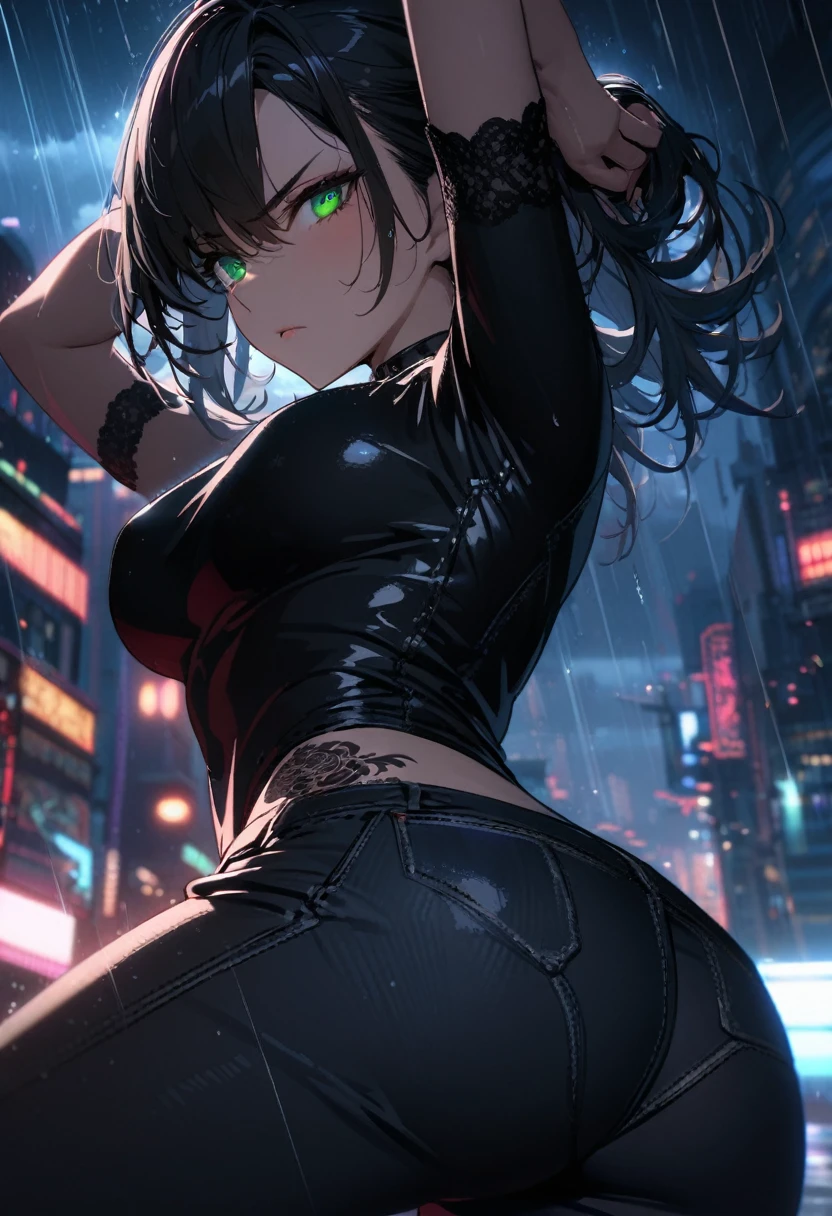 1girl,solo,back profile,detailed close up on low rise black skinny jeans,detailed close up on bedazzling emerald eye looking at you,serious eye,intense gaze,magnificent long black hair covering one eye,black jacket,black neon city,sexy pose,hands overhead,sexy stretch,erotic pose,adjusting hair,dramatic rainstorm,short black form-fitting shirt,detailed close up on black skinny jeans,goth tattoo on backside,cinematic glitter,nighttime,extremely detailed,masterpiece,HDR,4K,best quality,trending on danbooru