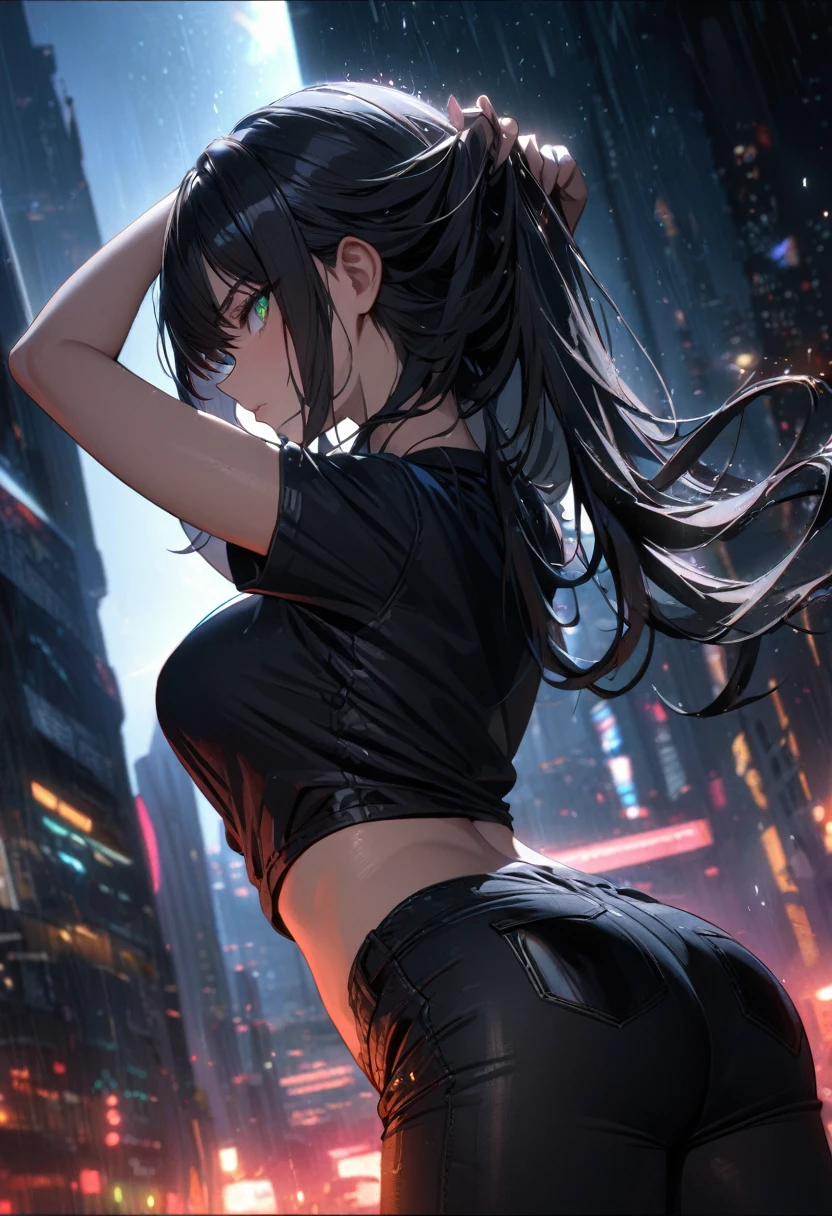 1girl,solo,back profile,detailed close up on low rise black skinny jeans,detailed close up on bedazzling emerald eye looking at you,serious eye,intense gaze,magnificent long black hair covering one eye,black jacket,black neon city,sexy pose,hands overhead,sexy stretch,erotic pose,adjusting hair,dramatic rainstorm,short black form-fitting shirt,detailed close up on black skinny jeans,goth tattoo on backside,cinematic glitter,nighttime,extremely detailed,masterpiece,HDR,4K,best quality,trending on danbooru