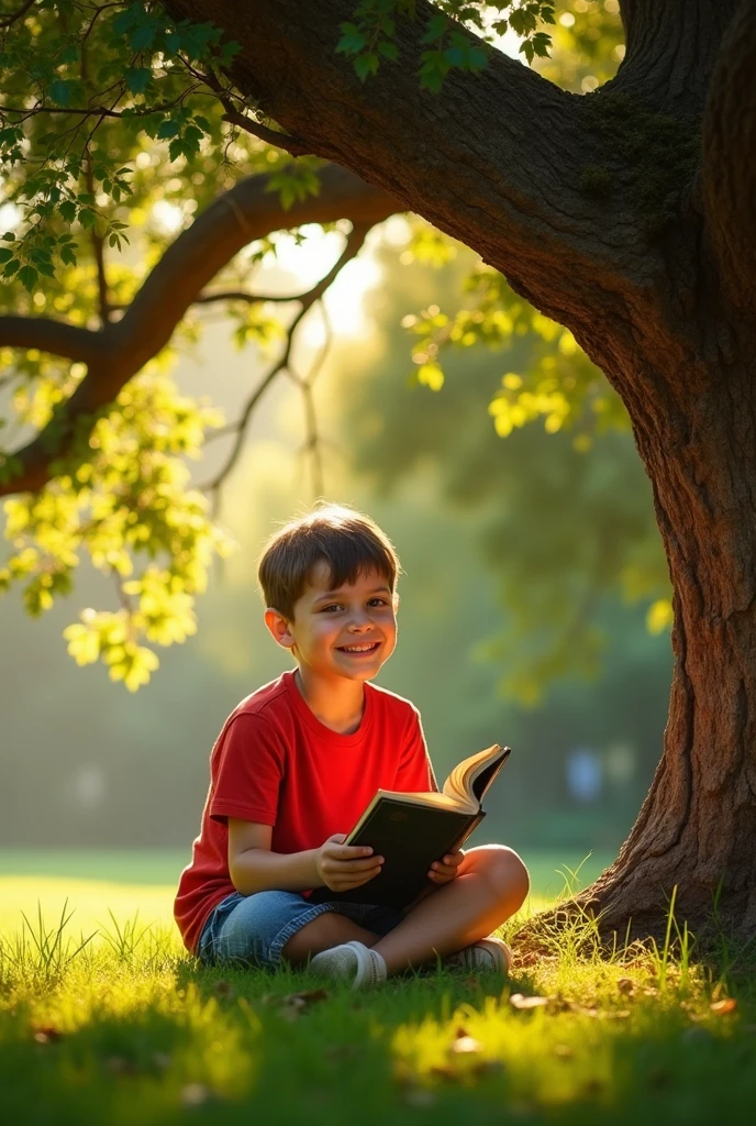 A six-year-old boy under the shade of a fruitless tree, fruits or flowers