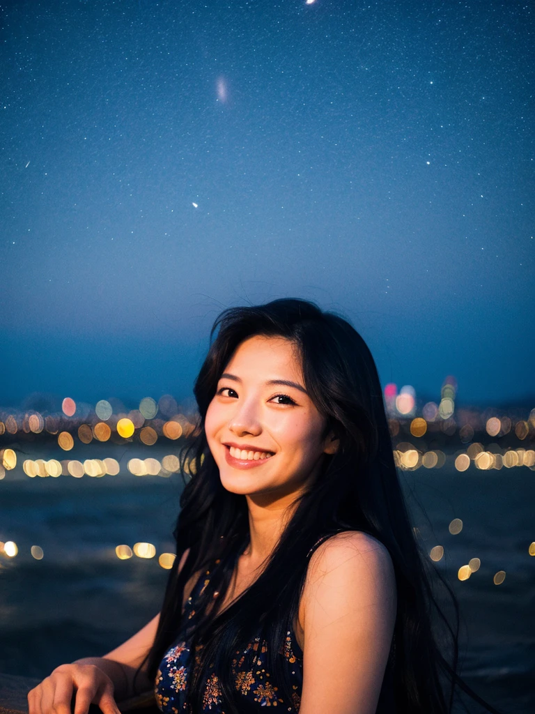 Night beach, long black hair, Japanese woman, starry sky, big smile, city lights in the distance