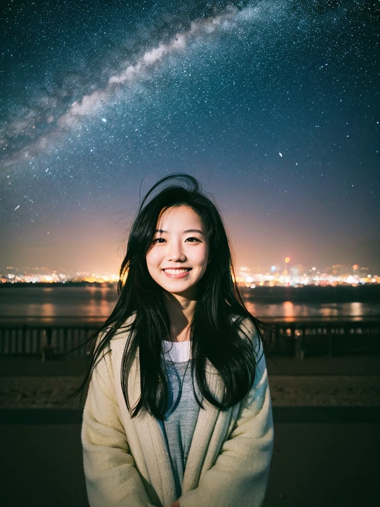 Night beach, long black hair, Japanese woman, starry sky, big smile, city lights in the distance