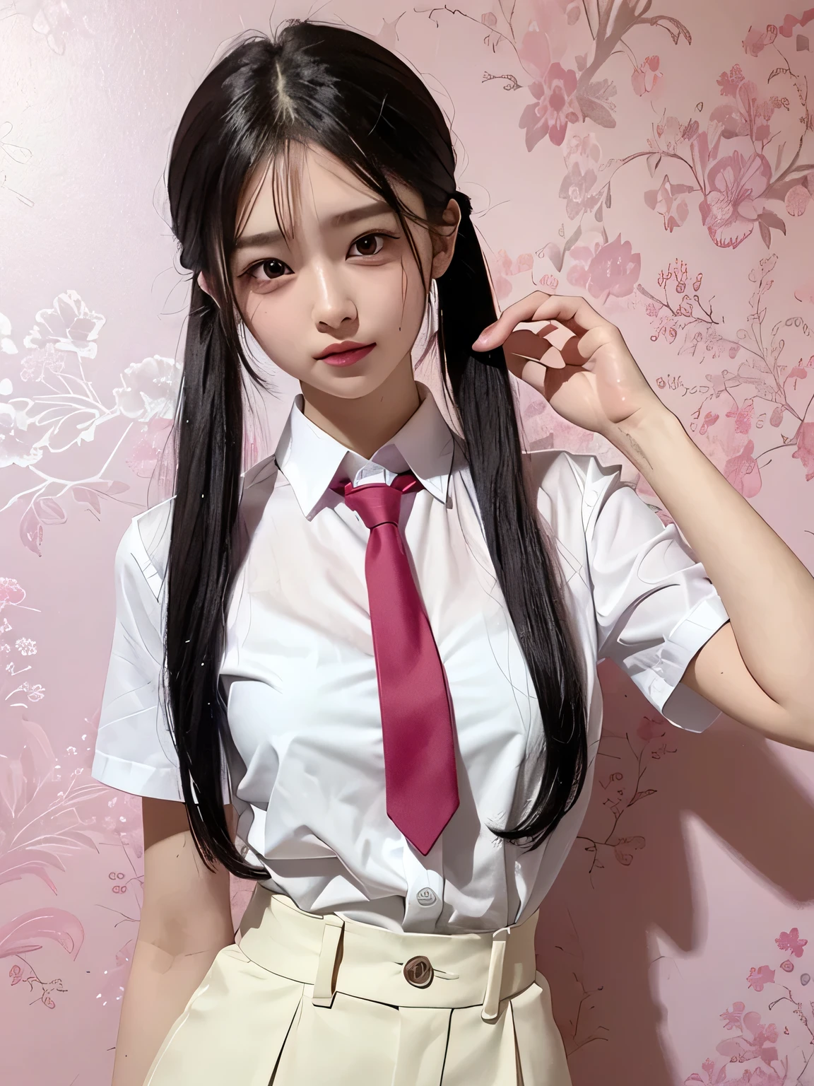 (Highest quality、8k、32K、masterpiece、Hmph:1.2)、(masterpiece, Highest quality), Realistic photos, high school girl、15 years old、Short Twin Tails、Instagram, Bright colors, High Dynamic Contrast, Slender figure、thin、Small, shapely breasts、One person, Purple eyes, Lips parted, blush, compensate, A light smile, Red tie、White short-sleeved shirt、sexy、((exy、Sweat, Wet, light, Shine, Tight waist, (masterpiece), Pink Wallpaper,