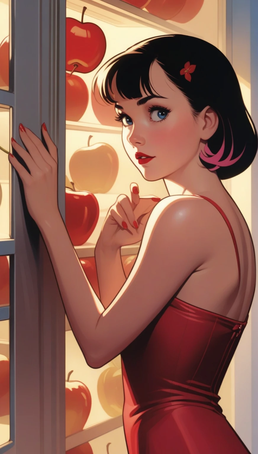 A close-up of a woman in a red dress , blue and yellow looking inside a refrigerator.,  Snow White, Art Style : Ilia Kuvshinov, artgerm and Ilia Kuvshinov, Ilia Kuvshinov. 4k, adam hughes, Betty Cooper, ( Ilia Kuvshinov ), inspired by Ross Tran, In the style of Ross Tran,