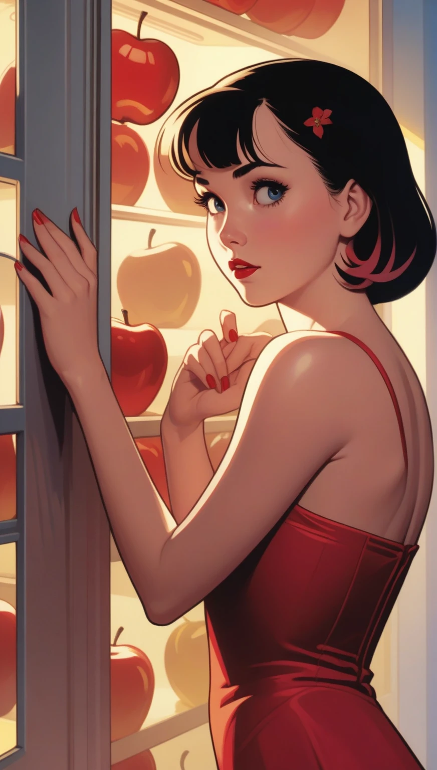A close-up of a woman in a red dress , blue and yellow looking inside a refrigerator.,  Snow White, Art Style : Ilia Kuvshinov, artgerm and Ilia Kuvshinov, Ilia Kuvshinov. 4k, adam hughes, Betty Cooper, ( Ilia Kuvshinov ), inspired by Ross Tran, In the style of Ross Tran,
