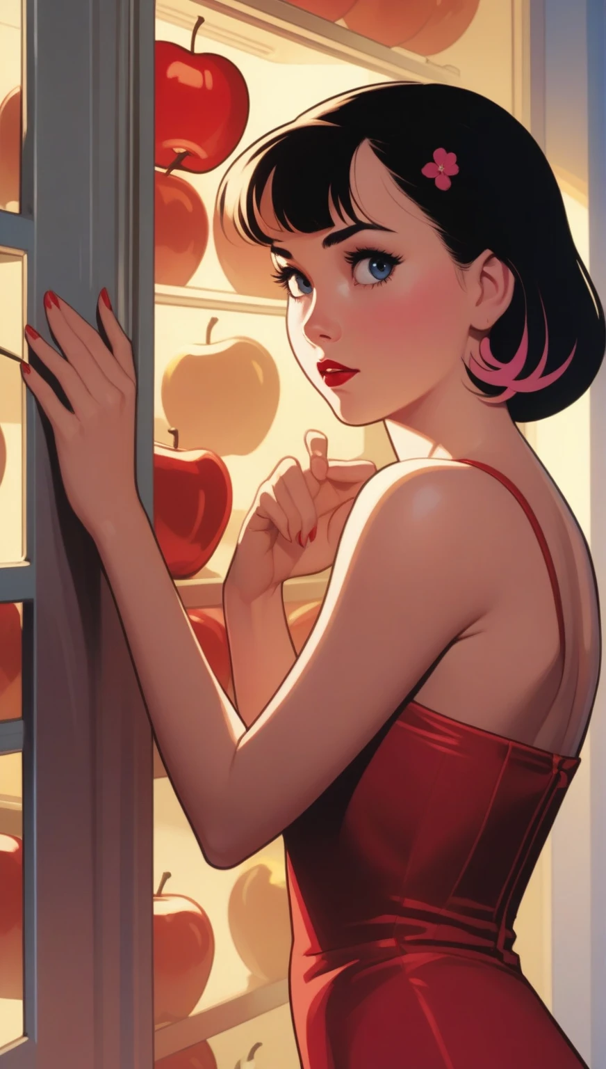 A close-up of a woman in a red dress , blue and yellow looking inside a refrigerator., Snow White, Art Style : Ilia Kuvshinov, artgerm and Ilia Kuvshinov, Ilia Kuvshinov. 4k, adam hughes, Betty Cooper, ( Ilia Kuvshinov ), inspired by Ross Tran, In the style of Ross Tran,