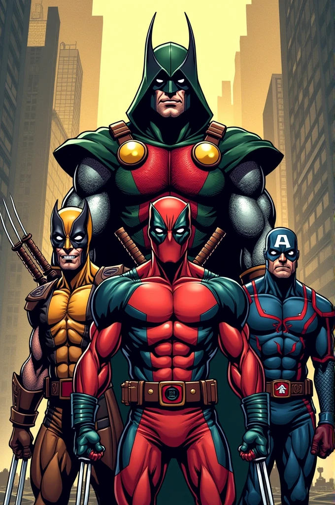 MUC cartoon cover character on the cover is Dr.doom/Wolverine/Dead Pool/Vemon/winter solider/Black, Red, Gold patterned clothing/5 characters stand in a row