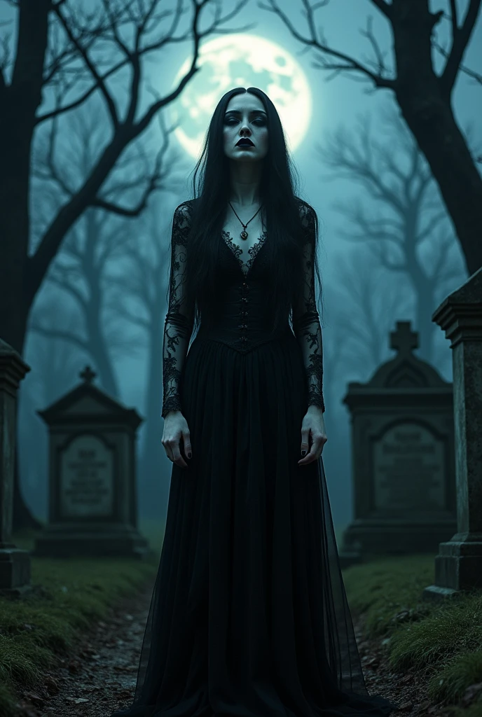 A beautiful gothic girl, dark makeup, pale skin, black lips, black hair, dark choker, dark lace dress, cemetery background, moonlight, dramatic lighting, dramatic shadows, moody atmosphere, highly detailed, photorealistic, 8K, masterpiece