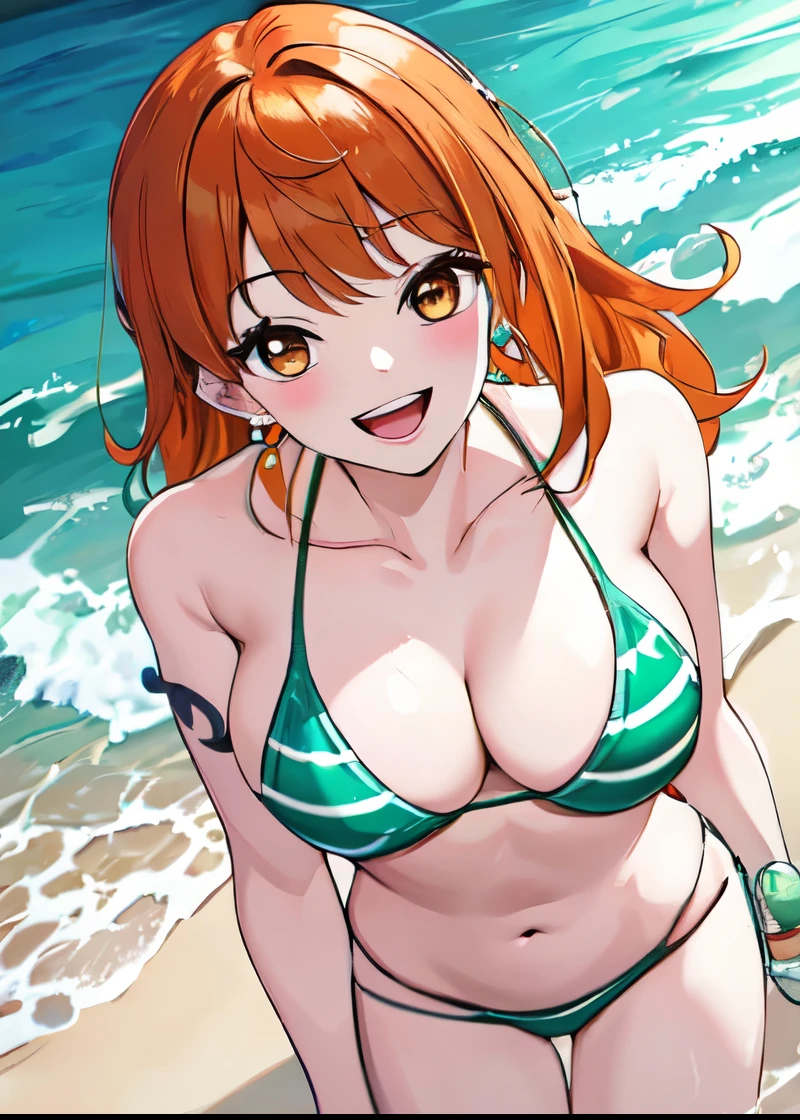 masterpiece, best quality, highres,  NamiFinal, shot hair, orange hair, brown eyes, earrings, bare shoulders, shoulder tattoo, cleavage, medium breasts, bikini top only, striped bikini, green bikini, bracelet, beach, wet, smile, open mouth, wet, ocean, cowboy shot,
