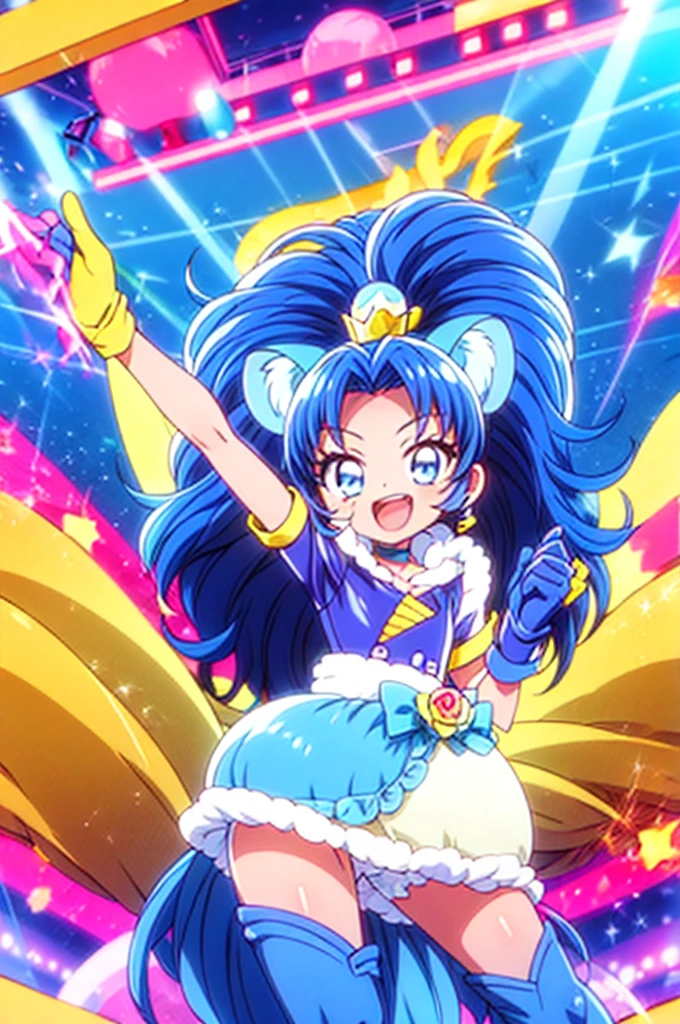 1girl, cure gelato, blue hair, animal ears, gloves, long hair, gold crown, pointed crown, magical girl, blue eyes, lion ears, smile, blue gloves, open mouth, jewelry, choker, singing, guitar, electric guitar, audience cheering, add_detail:1, add_detail:0, add_detail:0.5