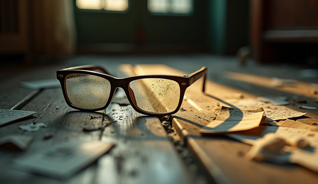 A close-up of a dusty old pair of glasses on the floor