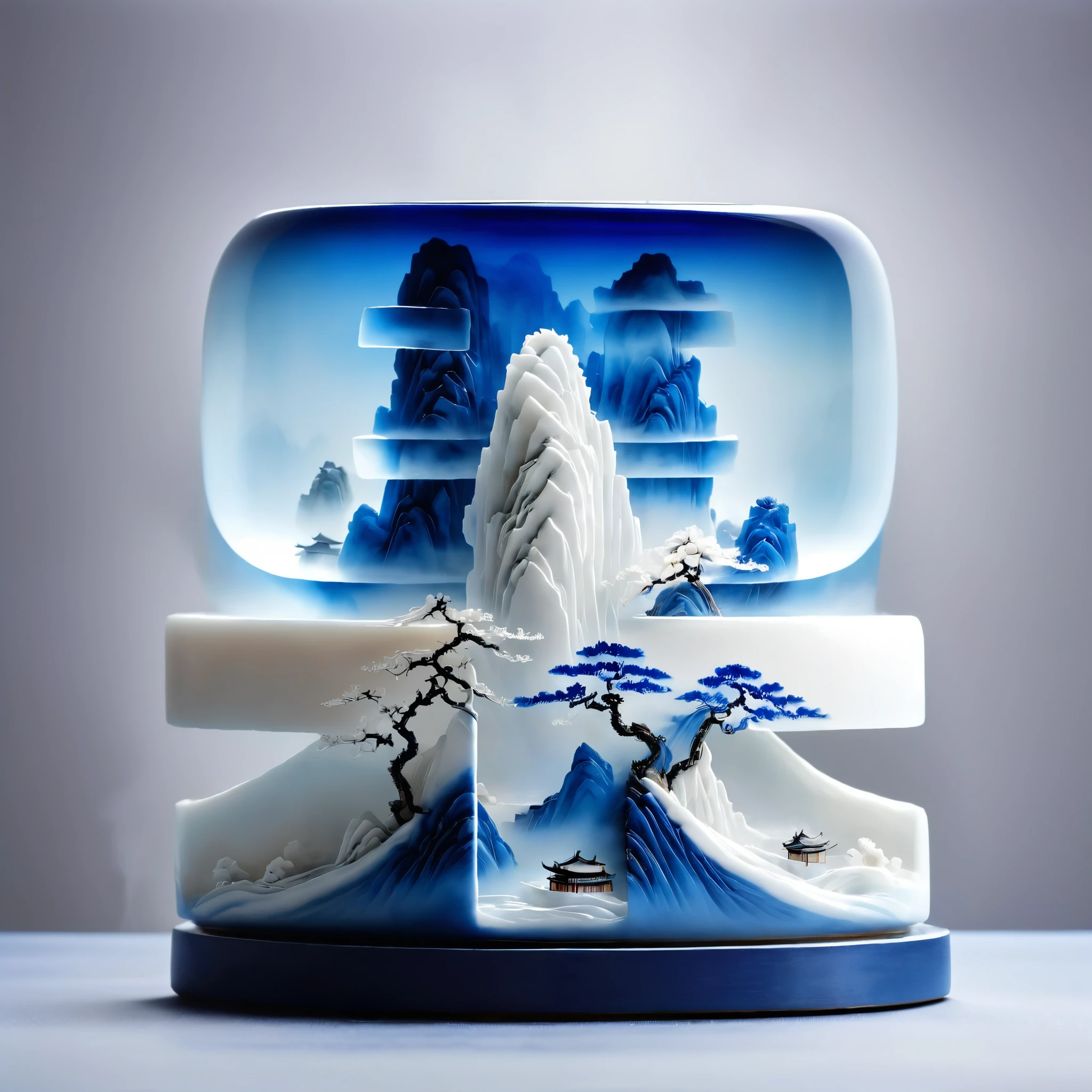Micro landscape pattern carved on blue and white porcelain vase,Translucent glass material,Blue-white gradient,Traditional Chinese landscape painting,Abstract shapes,Minimalism,cave,3d。water vapor,White mist,Thick fog,