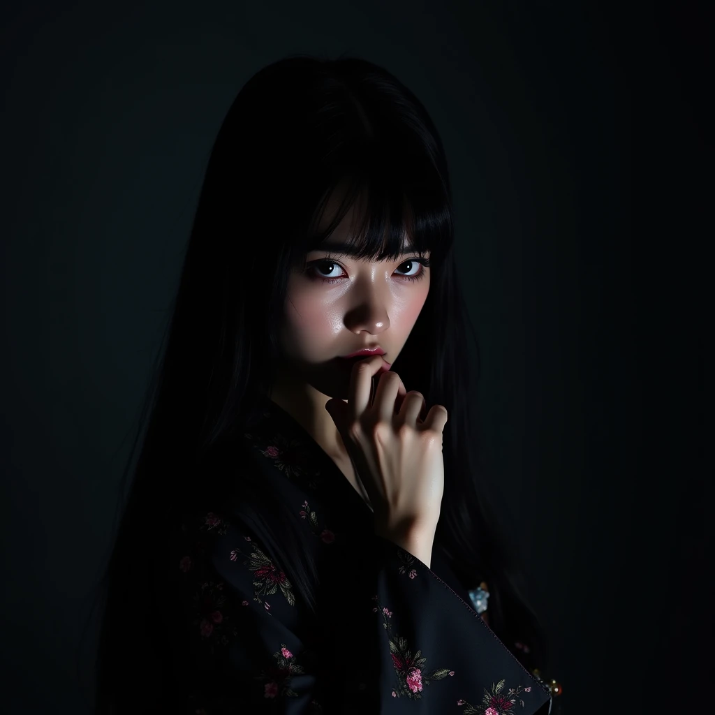 Long black hair with light shining from below, One person, bangs, Pink Eyes, Close your mouth, 
Teardrop, Dutch Angle, Anime Style, Black kimono