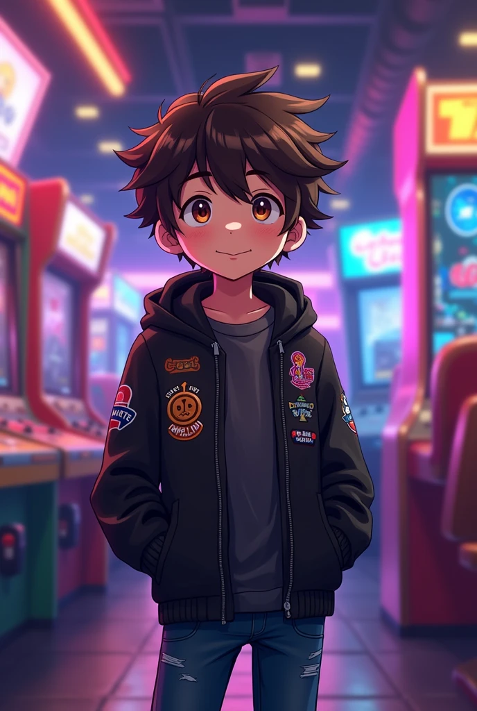 A boy with dark brown hair and slightly darker brown eyes, with a black FNAF jacket and glasses, that he has jeans and is blushing, Let it be anime