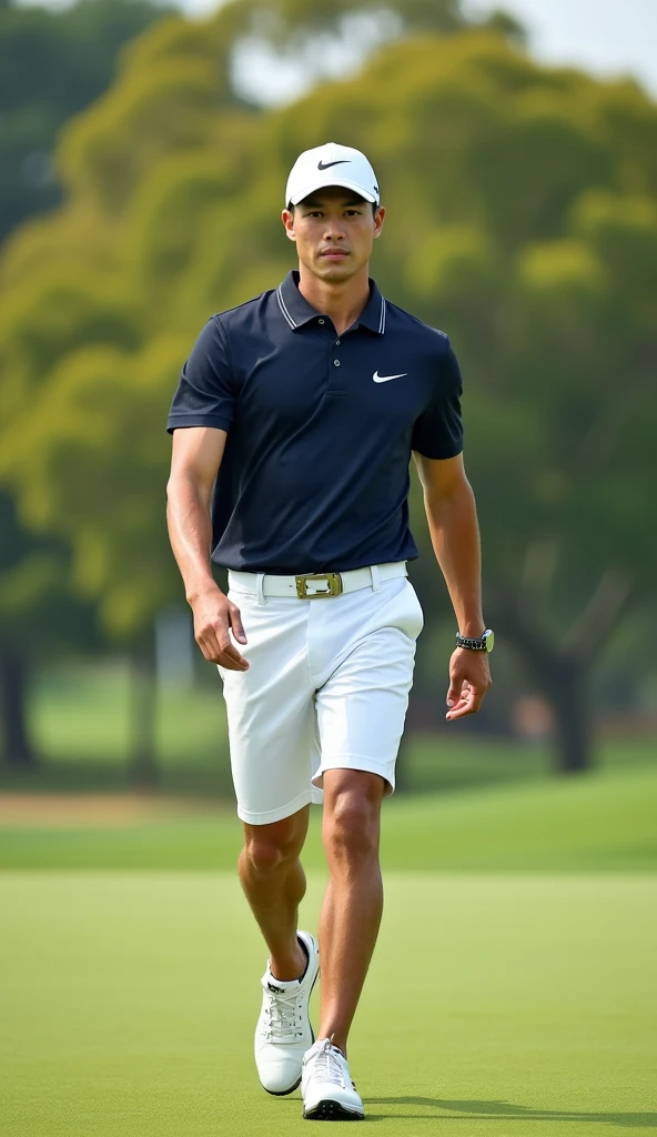 Make a picture of a handsome Korean male golf player, The shoes are Nike, The hat is Nike, Make me a pair of Nike shorts, Make a view of me walking towards you, bust shot, Make your eyes clearer,