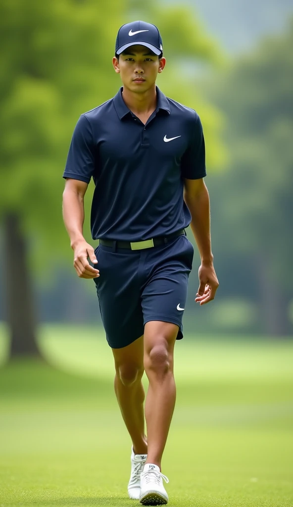 Make a picture of a handsome Korean male golf player, The shoes are Nike, The hat is Nike, Make me a pair of Nike shorts, Make a view of me walking towards you, bust shot, Make your eyes clearer,