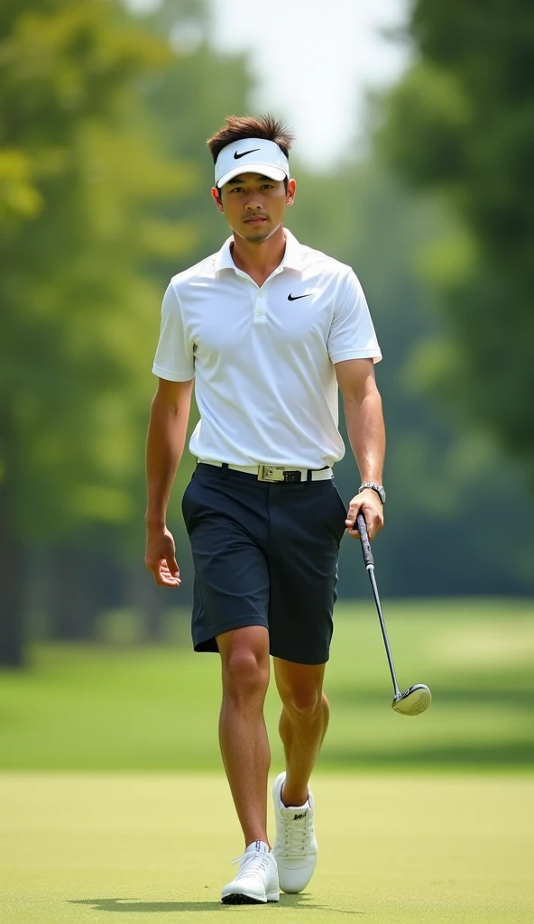 Make a picture of a handsome Korean male golf player, The shoes are Nike, The hat is Nike, Make me a pair of Nike shorts, Make a view of me walking towards you, bust shot, Make your eyes clearer,