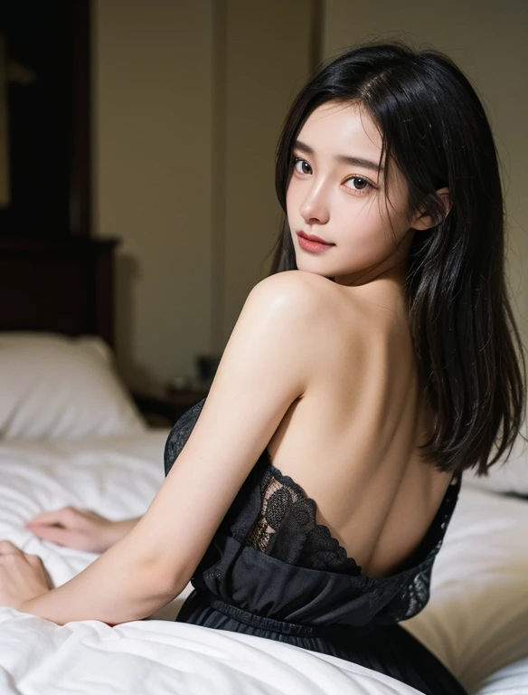(20 year old beautiful girl),solo, masterpiece, High resolution, High detail, Highest quality, Very detailed, Ultra high definition, Textured skin, , Cinematic light effects, ((realism)), ((Surrealism)),8k octane, Portrait Photography, Black Hair,(((Gibson Tuck))),Glossy nightgown,Lying in bed,happiness/joy, Stick your butt out,Back view