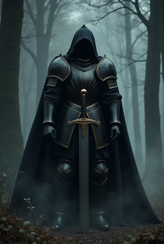 the Knight in black armor, Stab the two-handed sword into the ground, Hold the hilt of the sword with both hands, Black Cape,Otherworldly Armor,Gold color line,Night Forest,fog,Cloak fluttering in the wind,(Wear a black robe over your armor). wearing a hood.