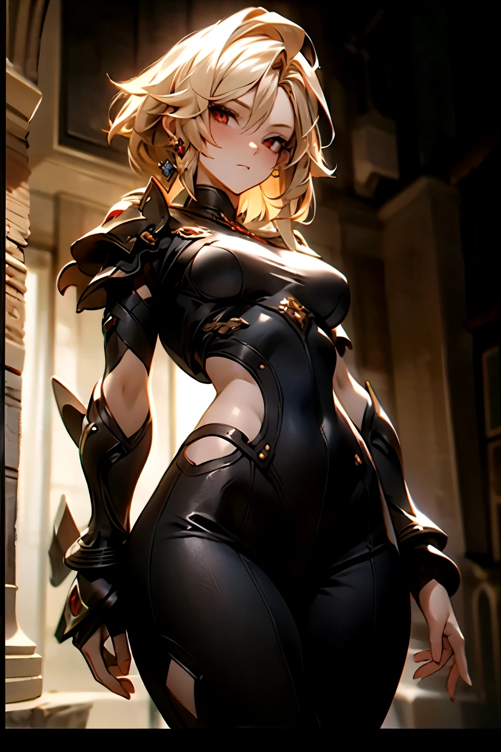 ((best quality)), ((Masterpiece)), (details:1.4), 3d, HDR (high dynamic range), amature woman, Blonde hair, Asymmetrical lob, Red eyes, hips up จมูกโด่ง, ปากแดง, หน้าอกใหญ่, nvidia RTX, PBR surface, After processing, Anisotropic filtration,depth of field, Maximum clarity and clarity, multi-layered surface, Subsurface scattering, perfect proportions, 8K raw files, ความละเอียดสุดยอด, Unreal 5, Perfect proportions, Octane Render, Wide aperture, Low ISO, Holy Knight, Heavy Red armor, jewely, ต่างหู