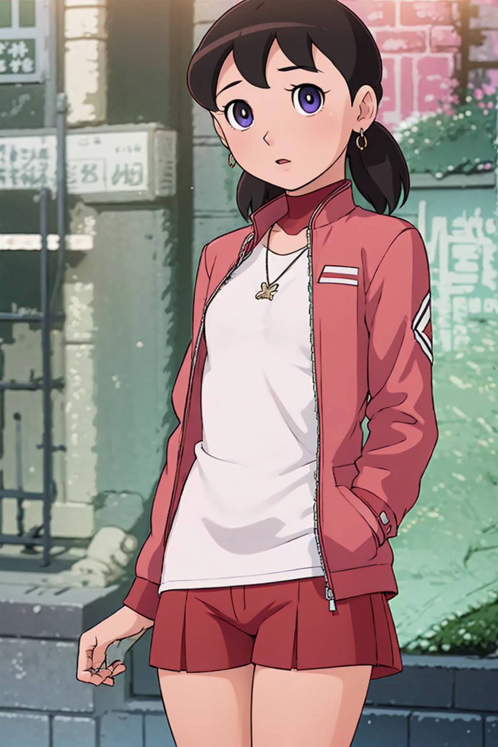 (masterpiece, best quality, 1 girl, solo, intricate details, chromatic aberration), realistic, ((medium breath)),long hair, black  hair with little red shine at bottom,, red decoration on the head, blue  highlights, amber eyes, earrings, sharp eyes, necklace,  shirt, shot cotton shorts, unbuttoned jacket, turtleneck, night, against the wall, brick wall, graffiti, dim lighting, alley, look at the viewer