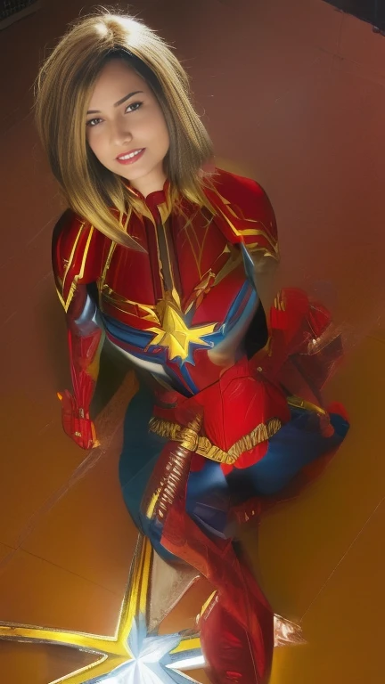 (Captain Marvel:1.5) a young girl, medium hair, full body portrait, wearing captain marvel outfit, sexy, cleavage, breasts showing