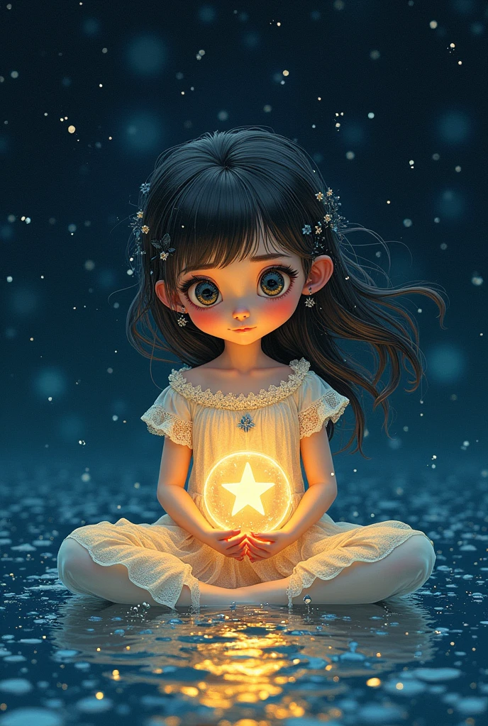 Ink portrait of a cute sad and lonely girl who has plucked one star from the night sky and is holding it in his hands." gentle ethereal glow, sparks, vibrant colors, magical, dreamy, fantasy garden, whisps, mystcal, fog. By Kim Keever, Antoine Collignon, Wadim Kashin, Tim Burton and Peter Mohrbacher. volumetric lighting, realistic, divine composition; dynamic lighting, meticulously composed, concept art, hyperrealistic, stars, masterpiece, digital illustration, UHDlunar luminescent young girl holding a dainty glowing moon on lap. Girl is sitting down on ocean water surface. Liquid silver ripples reflecting the , cosmic star night background, night time, Jean-Baptiste Mong style,